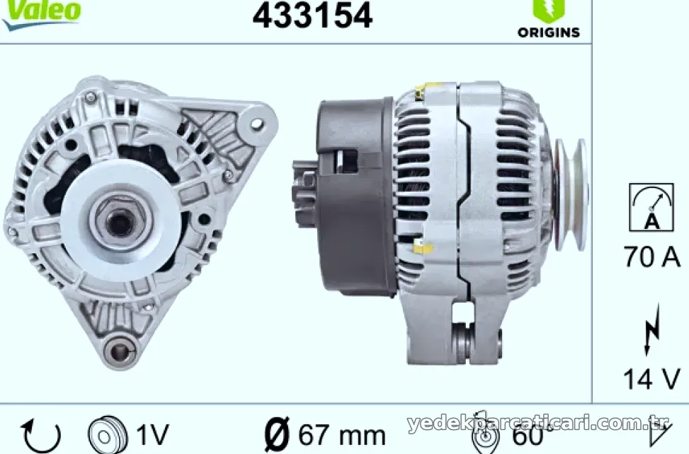 ALTERNATOR 12V 70A BERLINGO SAXO XSARA P106 P306 PARTNER 1,1 / 1,4 / 1,6 16V 03> - Valeo - VALEO 433154