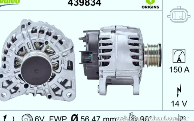 ALTERNATOR 14V 150 A KASNAKLI K9K CAPTUR CLIO IV KANGOO SCENIC III DOKKER DUSTER LODGY LOGAN II SANDERO II (Valeo)
