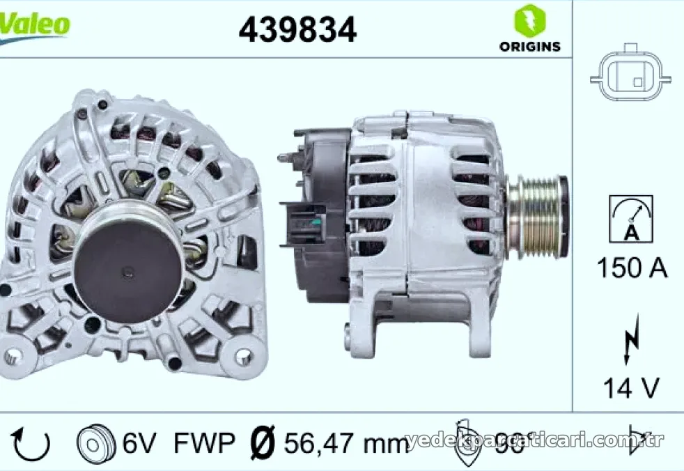ALTERNATOR 14V 150 A KASNAKLI K9K CAPTUR CLIO IV KANGOO SCENIC III DOKKER DUSTER LODGY LOGAN II SANDERO II - Valeo -